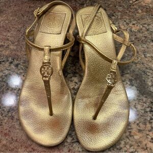 Tory Burch Gold Leather Wedge Sandals